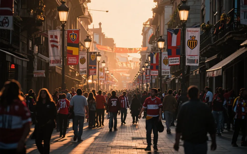 城市街区的足球氛围与游客步行动线，体现体育旅游与城市品牌